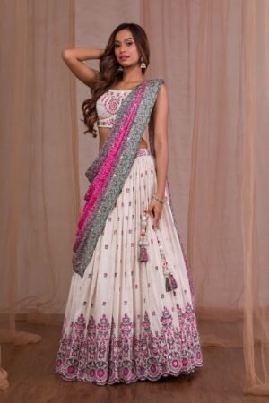 Cream Threadwork Semi Crepe Readymade Lehenga