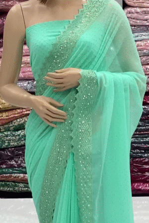 Pista Zari thread mirror Diamond Work Saree
