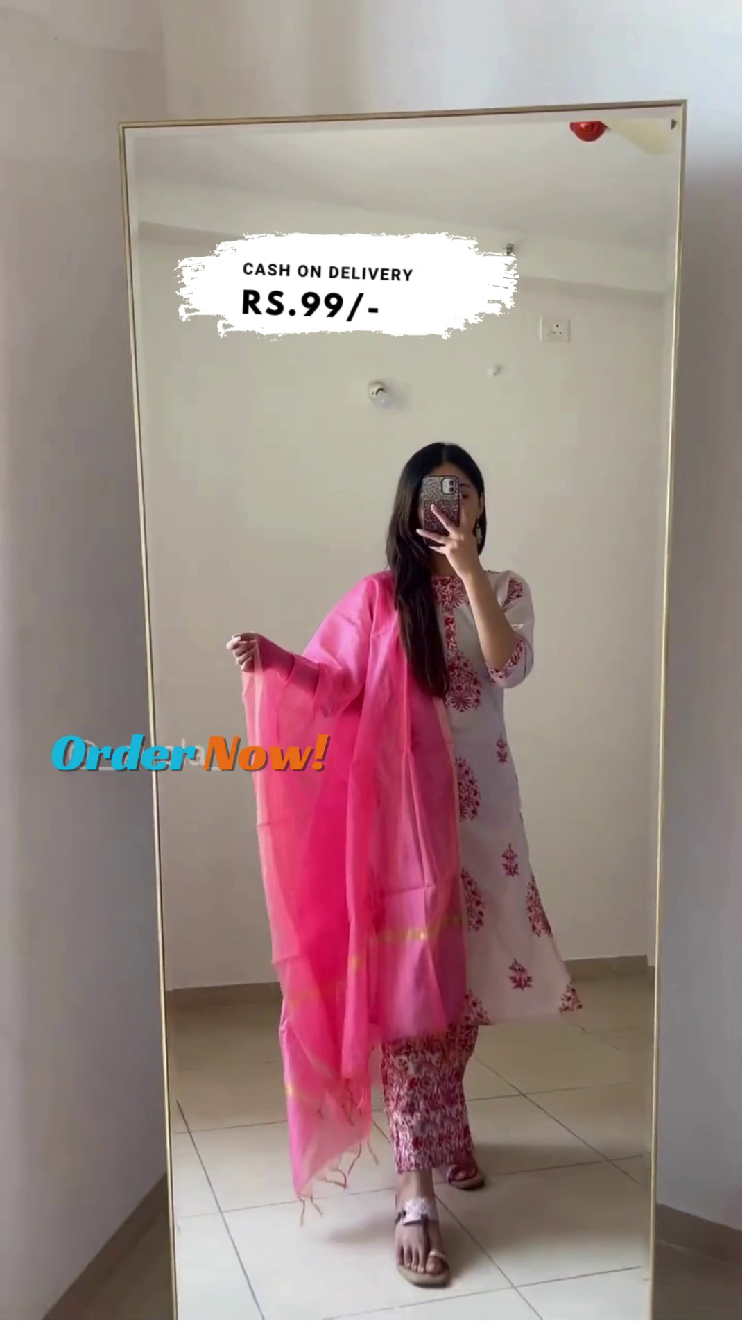 Soft Grey and Pink Foil Printed Straight Kurta Set