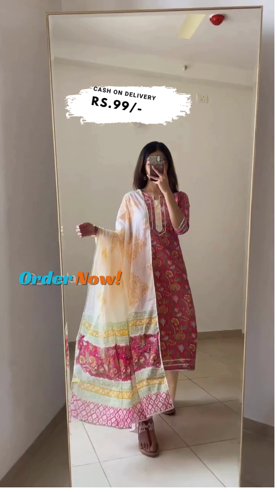 Pink Printed Cotton Straight Kurta With Palazzos & Dupatta