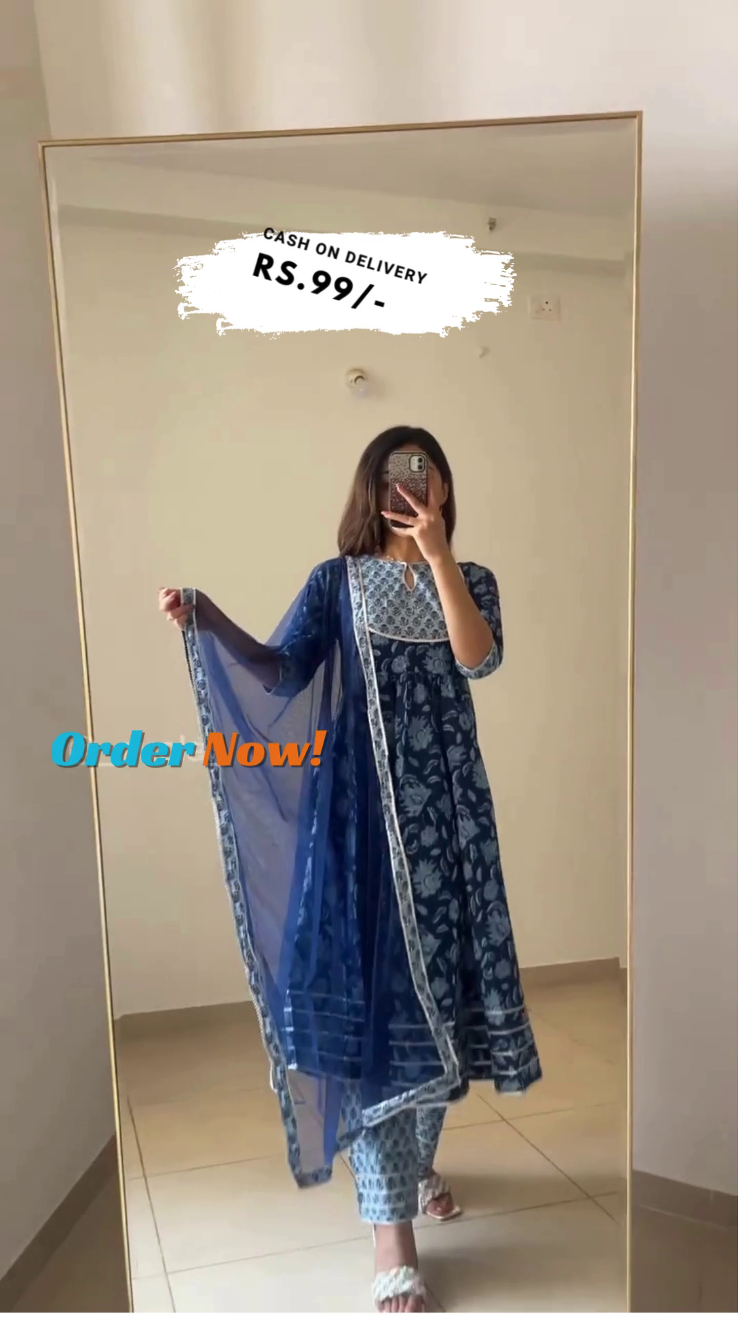 Blue Yoke Design Cotton Anarkali Kurta With Palazzos & Dupatta